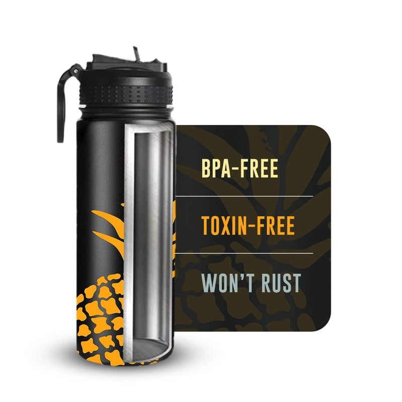 Life's Easy Stainless Steel Insulated Water Bottle - Sports Water Bottle w/Loop Handle Bionic Silicone Straw Lid - Vacuum Flask for Hot & Cold Drinks - Great for School & More (Pineapple Black,18 oz) - Image 4